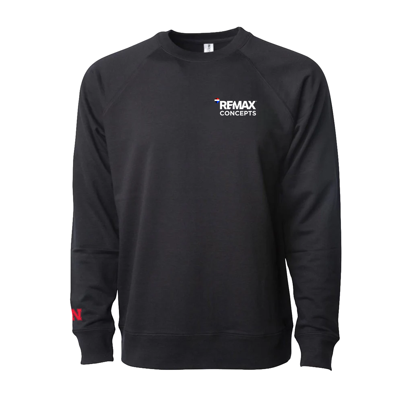 A black long-sleeve crewneck sweatshirt with 'REMAX CONCEPTS' printed in white on the left chest, featuring a small red and blue accent in the logo and a red 'W' on the right sleeve cuff, shown against a plain white background.