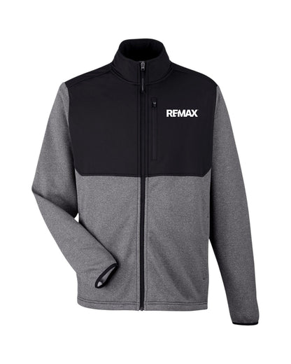 A colorblock zip-up fleece jacket with a black upper chest, collar, and zipper area, and heather gray sleeves and lower body. The white REMAX logo is printed on the left chest.