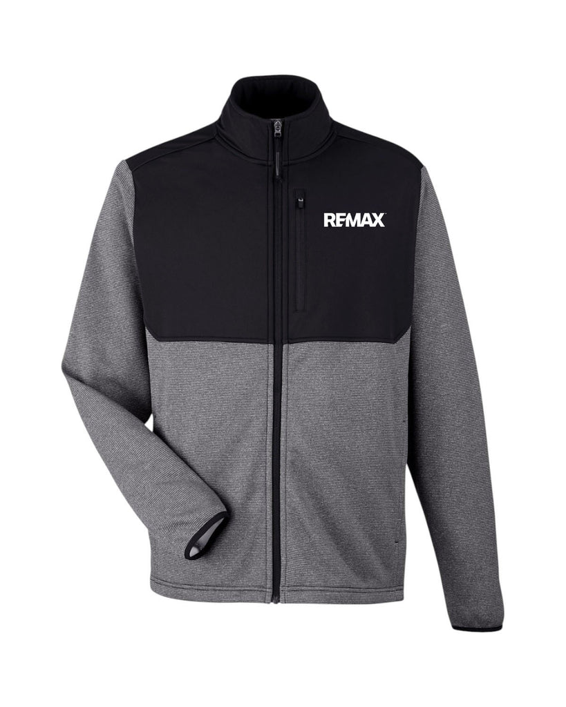 A colorblock zip-up fleece jacket with a black upper chest, collar, and zipper area, and heather gray sleeves and lower body. The white REMAX logo is printed on the left chest.