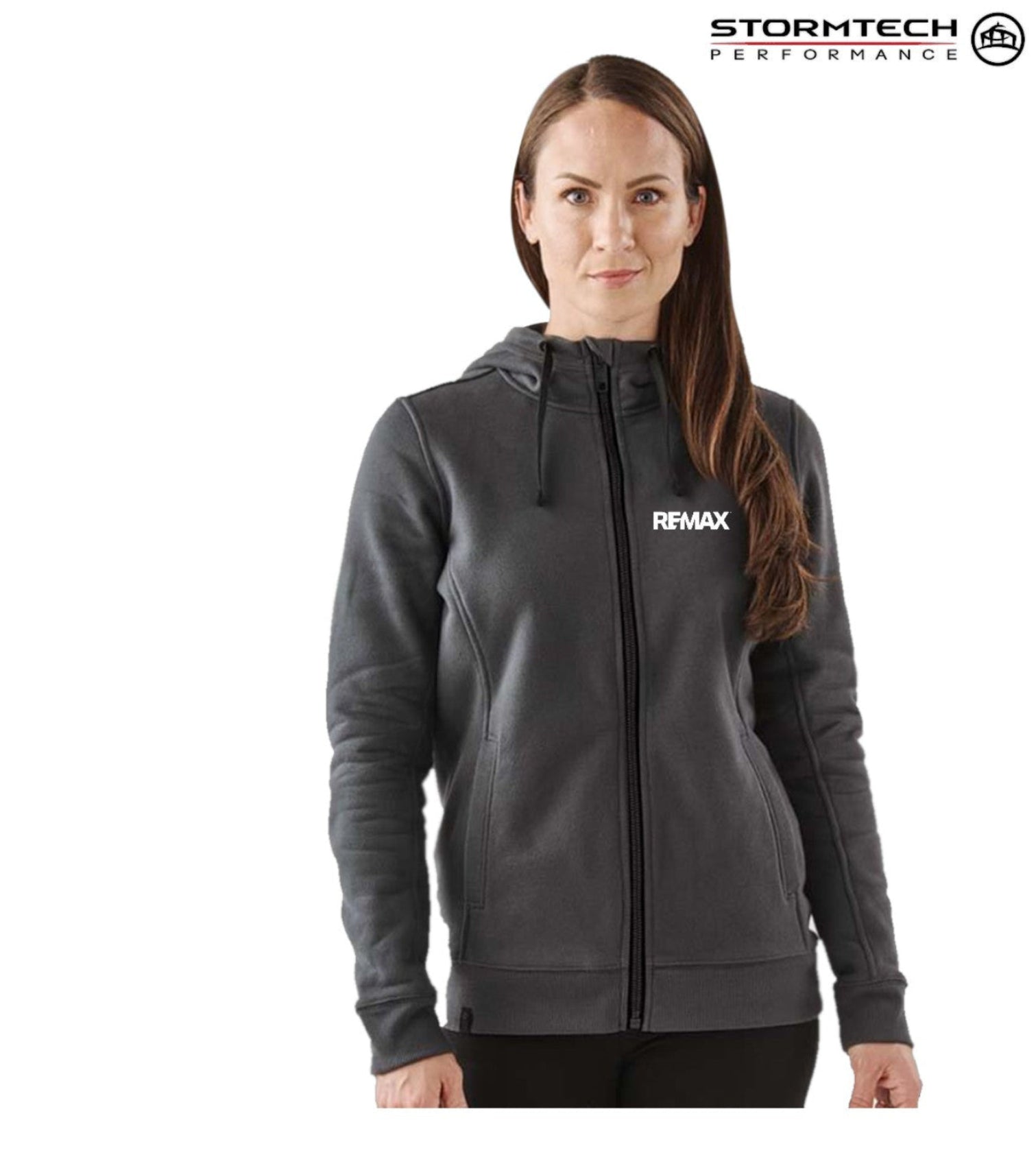 Woman wearing a gray hoodie with REMAX logo on a white background, featuring Stormtech Performance branding.