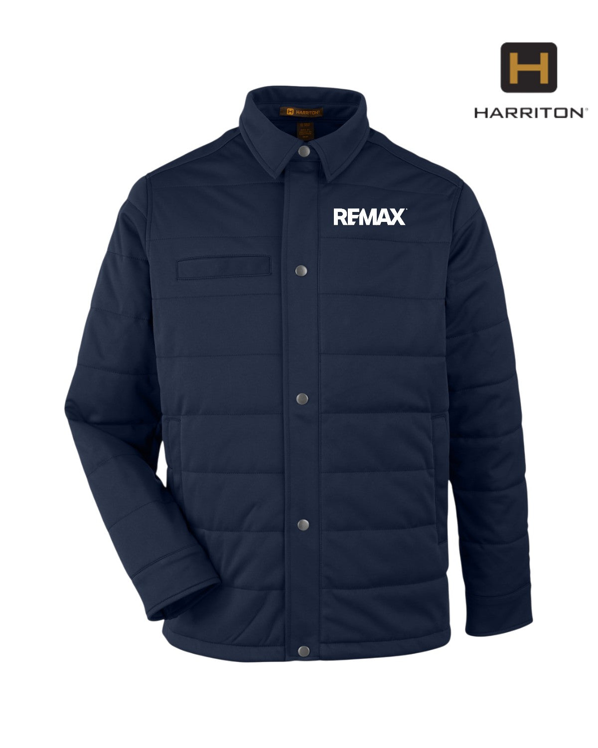 Navy puffer jacket with REMAX logo on a white background