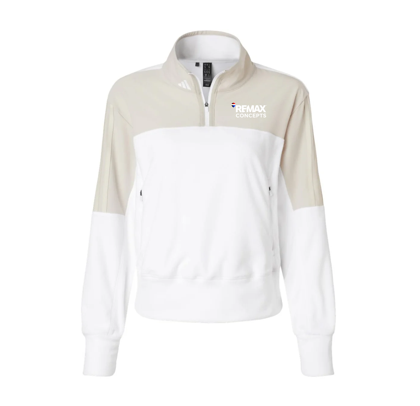 A women's colorblock quarter-zip pullover jacket by adidas, featuring a white body, beige upper yoke, and white sleeves, with a 'REMAX CONCEPTS' logo on the left chest.