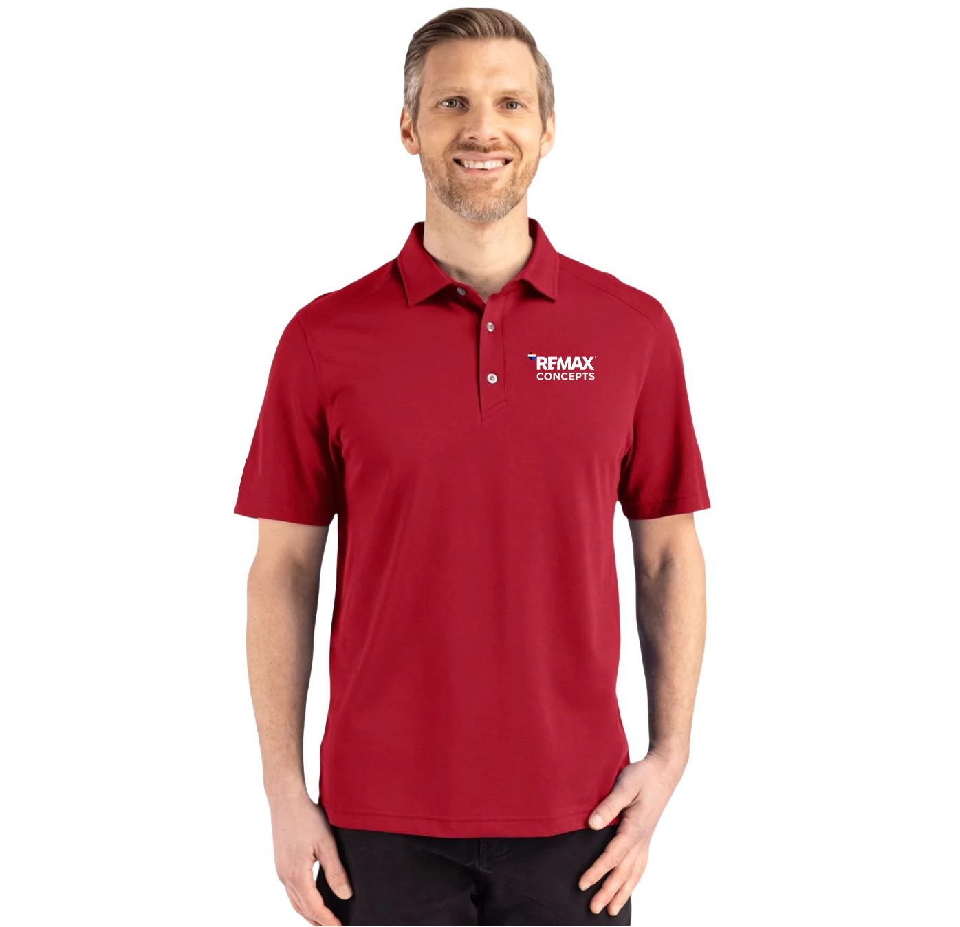 A man wearing a red short-sleeve polo shirt with a white 'REMAX CONCEPTS' logo on the left chest, photographed against a plain white background.