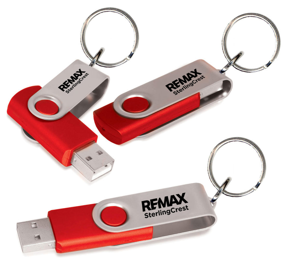 Three red and silver USB keychains with REMAX SterlingCrest branding on a white background.