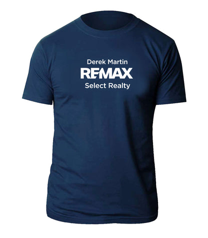 Navy blue t-shirt with 'Derek Martin REMAX Select Realty' text on a white background