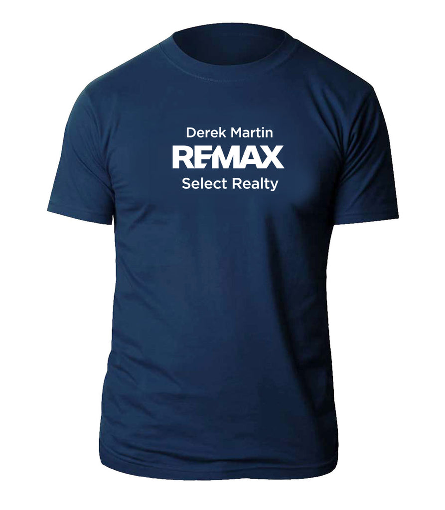 Navy blue t-shirt with 'Derek Martin REMAX Select Realty' text on a white background