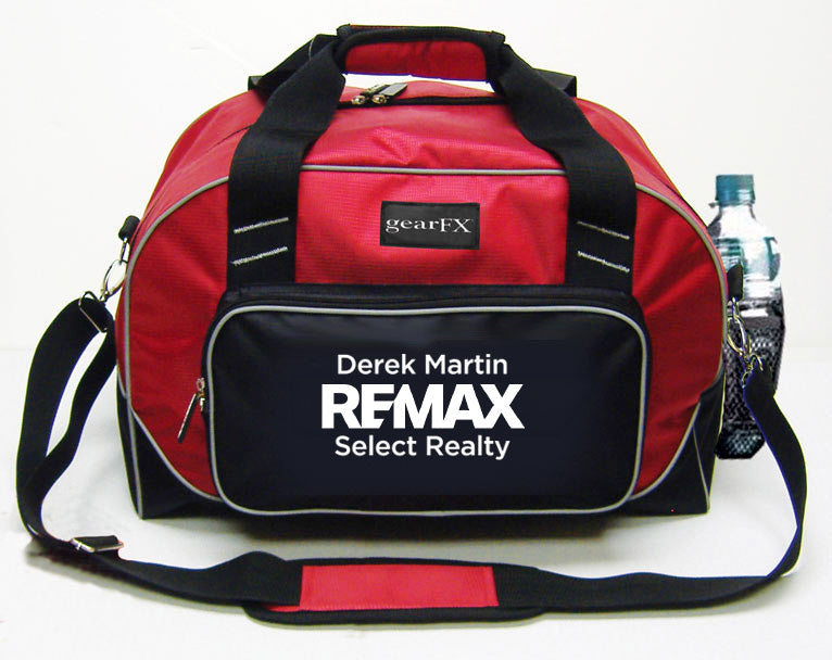 Red and black duffel bag with 'Derek Martin RE/MAX Select Realty' branding on a white background.