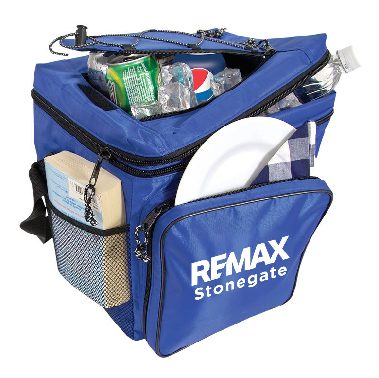 Blue cooler bag with Remax Stonegate branding, containing drinks and food items.