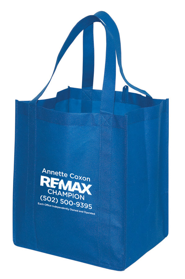 Blue tote bag with REMAX branding on a white background