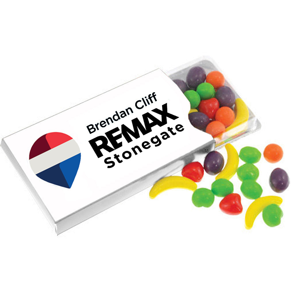 Box of colorful jelly beans with a branded lid on a white background