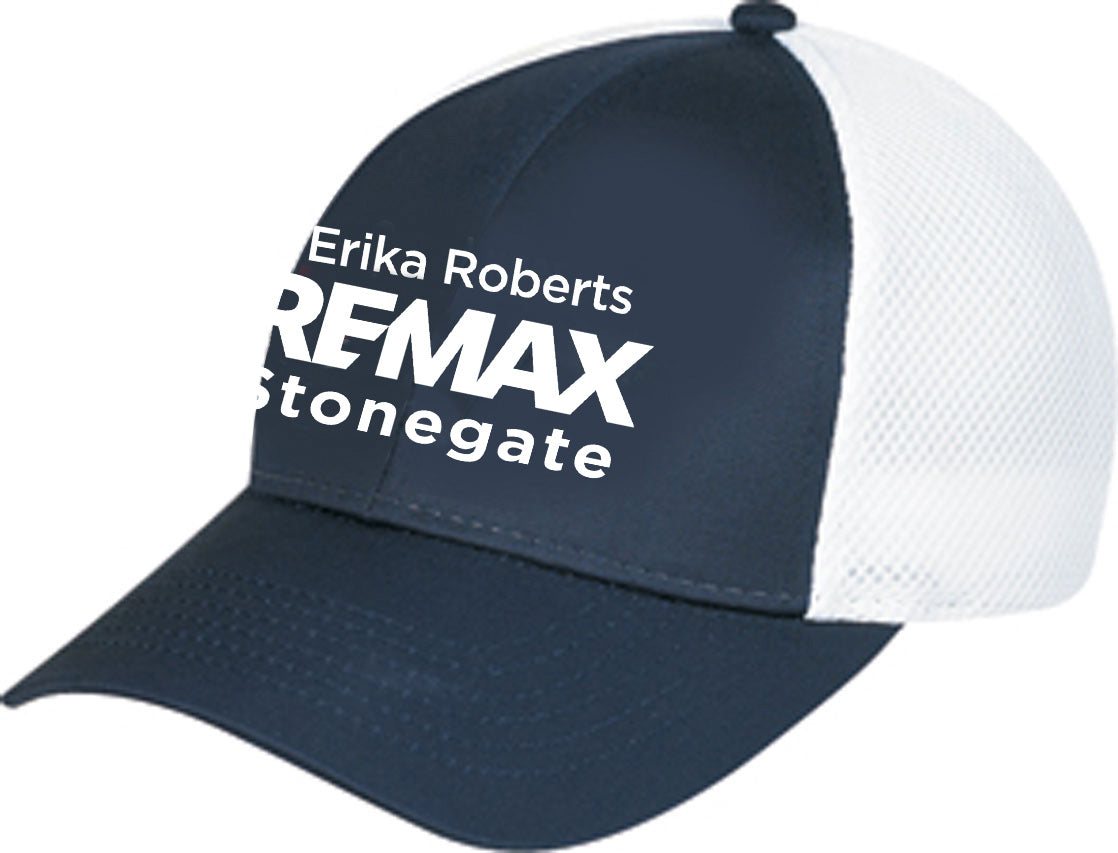 Navy and white cap with 'Erika Roberts REMAX Stonegate' text on a white background