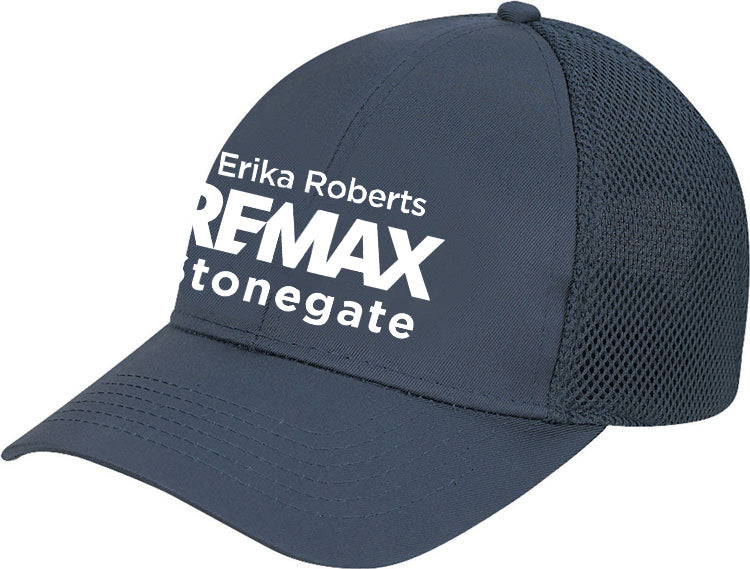 Navy blue cap with white text on a white background