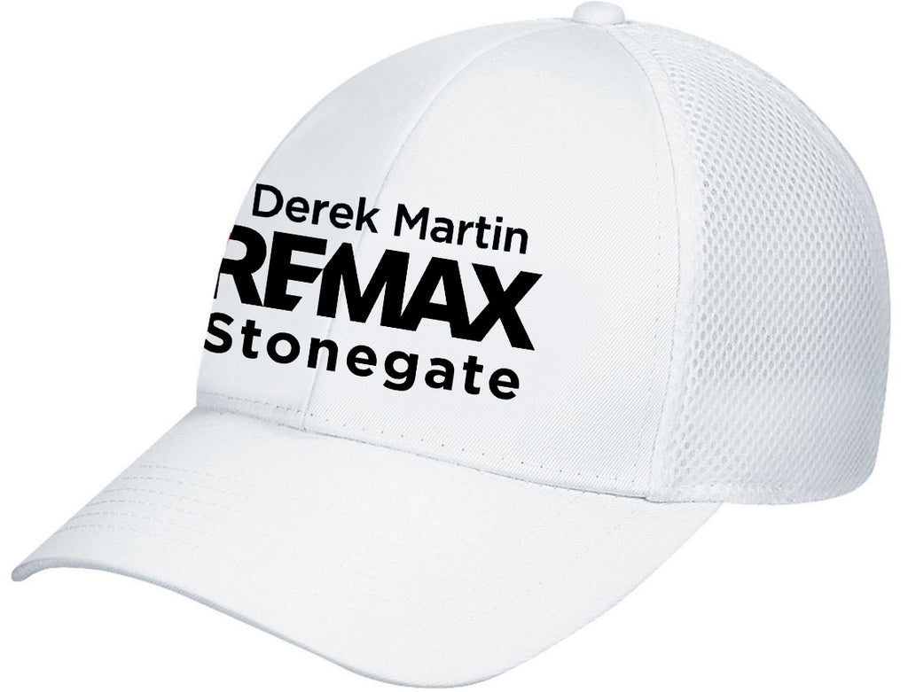 White cap with black text 'Derek Martin RE/MAX Stonegate' on a white background