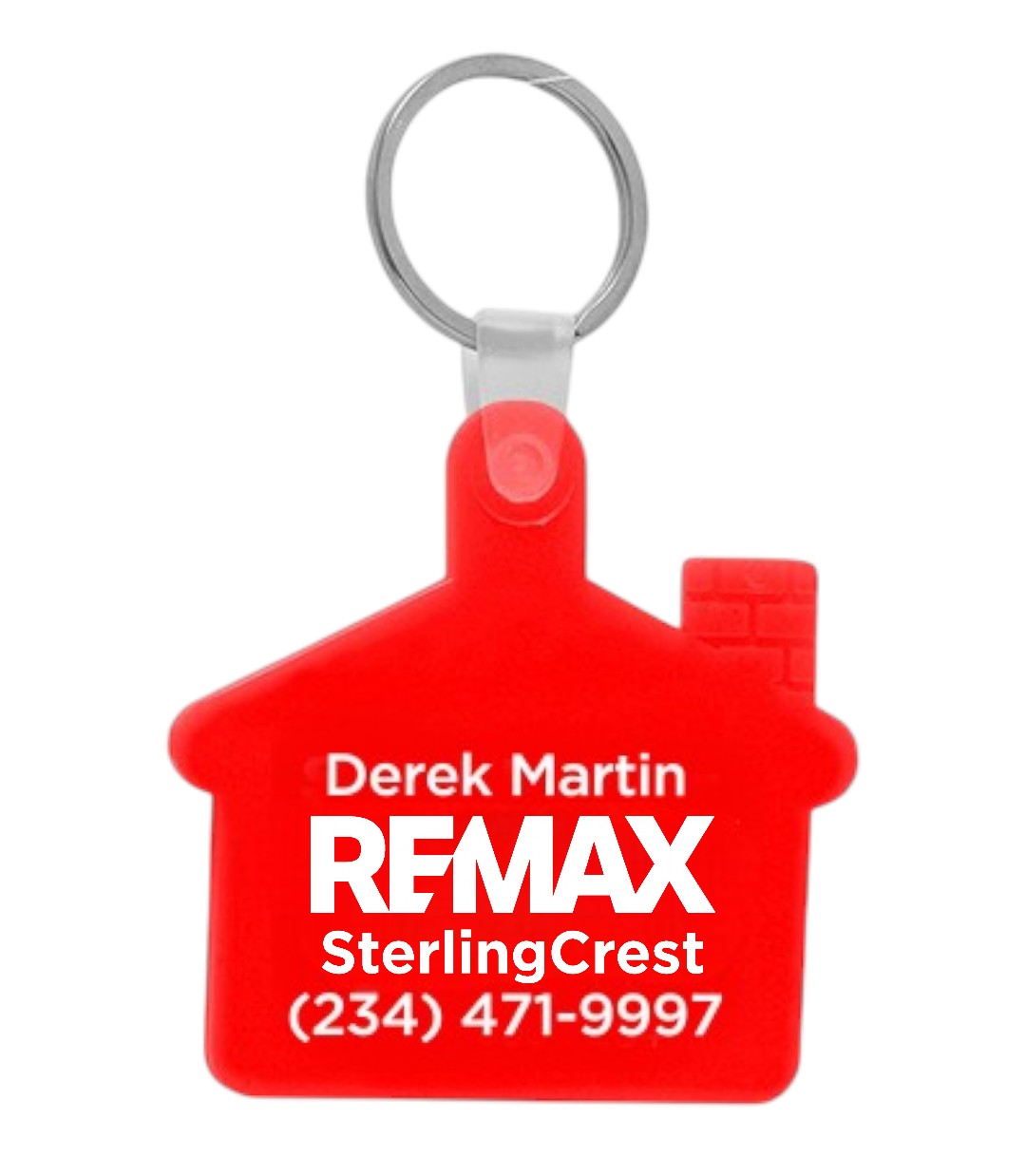 Red house-shaped keychain with REMAX branding and contact information on a white background