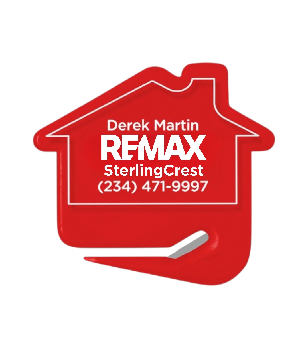 REMAX SterlingCrest logo on a red house-shaped sign with contact information.